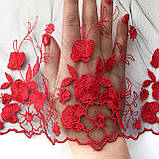 Ажурне мереживо, вишивка на сітці: червоного кольору нитка, чорна сітка, ширина 20 см, фото 3