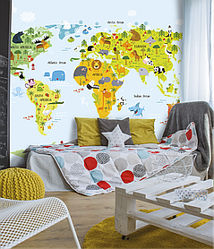 Фотошпалери для дитячої кімнати з рельєфом карта світу Kids Map 310 см х 280 см