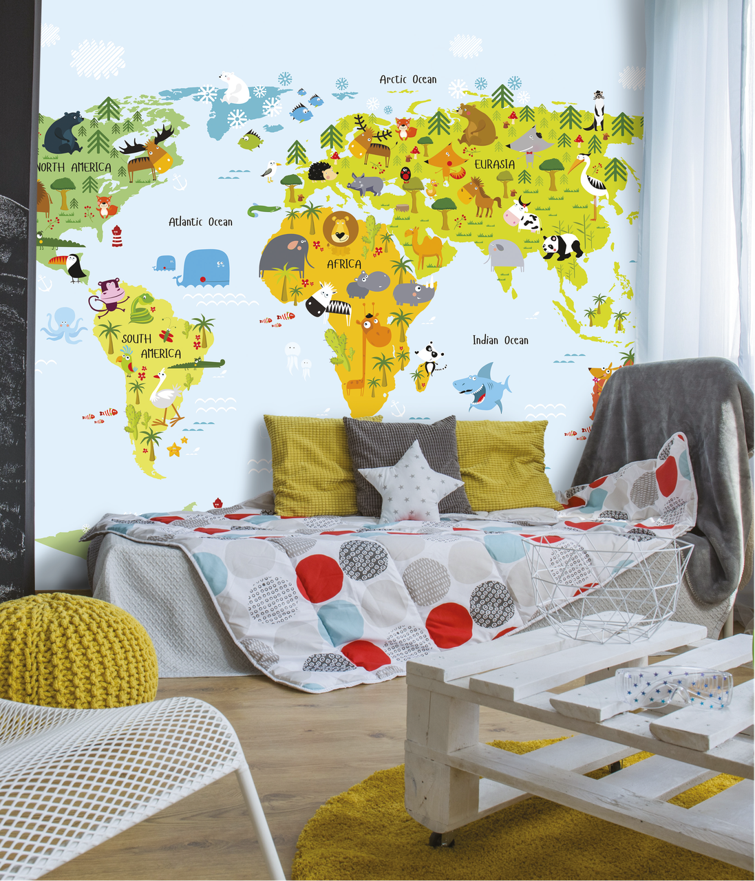 3Д фотообои в детскую комнату с рельефом карта мира Kids Map Dimense print 433 см х 280 см Leather - фото 1 - id-p1555990778