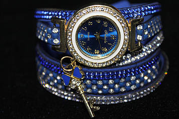 Вишукані жіночі годинники на довгому ремінці синій з камінням