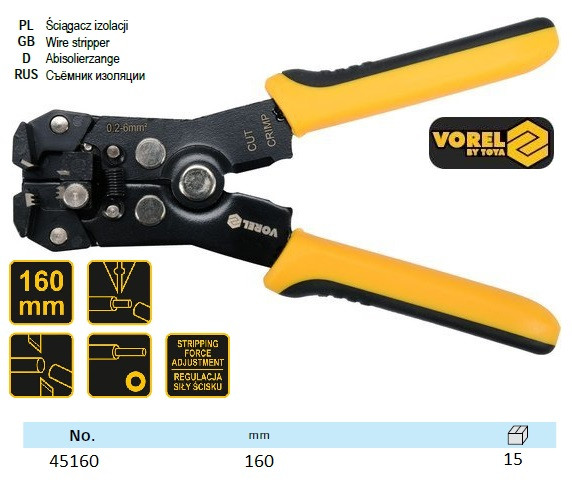 Знімач ізоляції автоматичний : l=160 мм, для кабелів 0.2-6 мм2 VOREL-45160