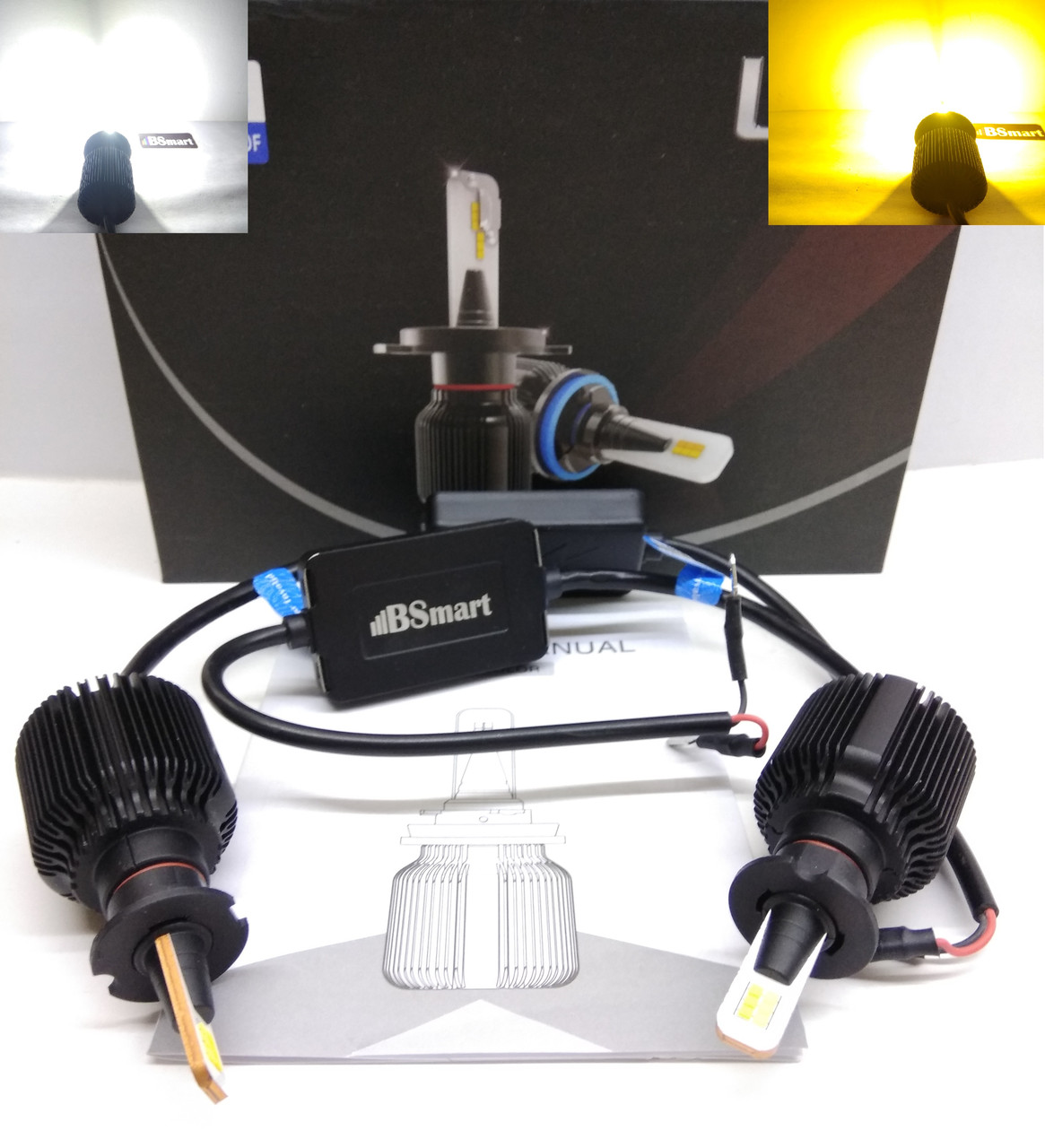 LED автолампи діодні BSmart M1 CSP Dual Color H3 двоколірна білий і жовтий 8000Лм 40Вт 12-24В
