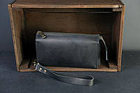 Кожаный кошелек клатч Тревел с ремешком, натуральная кожа итальянский Краст, цвет Черный