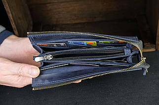 Шкіряний гаманець клатч Тревел з ремінцем, натуральна Вінтажна шкіра, колір Синій, фото 2