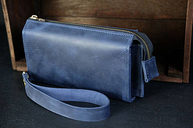 Шкіряний гаманець клатч Тревел з ремінцем, натуральна Вінтажна шкіра, колір Синій