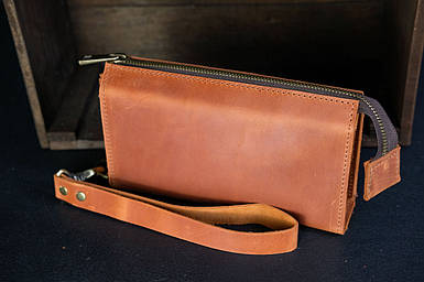 Чоловічий гаманець Тревел з ремінцем з натуральної шкіри колір Коньяк