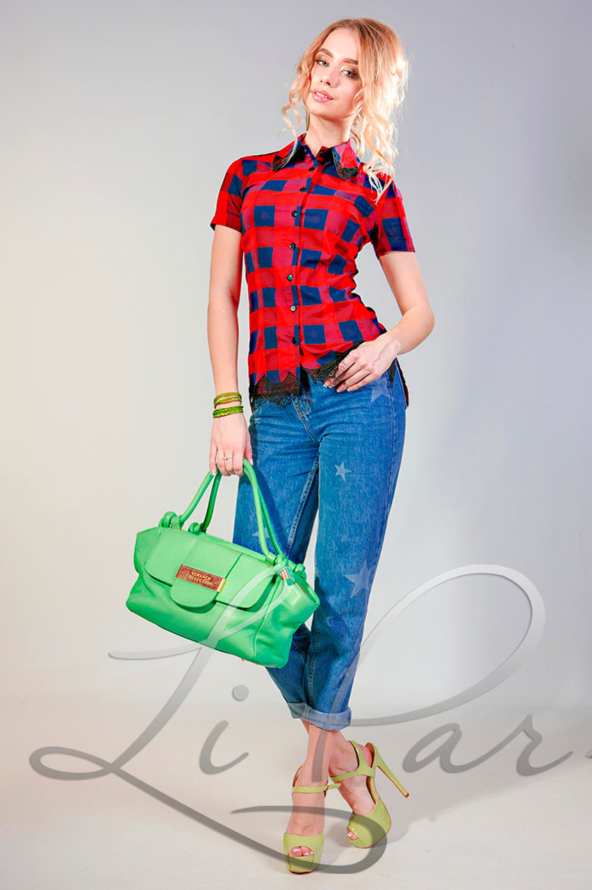 Женская летняя рубашка в крупную синюю клетку Lipar Красная (ID ...