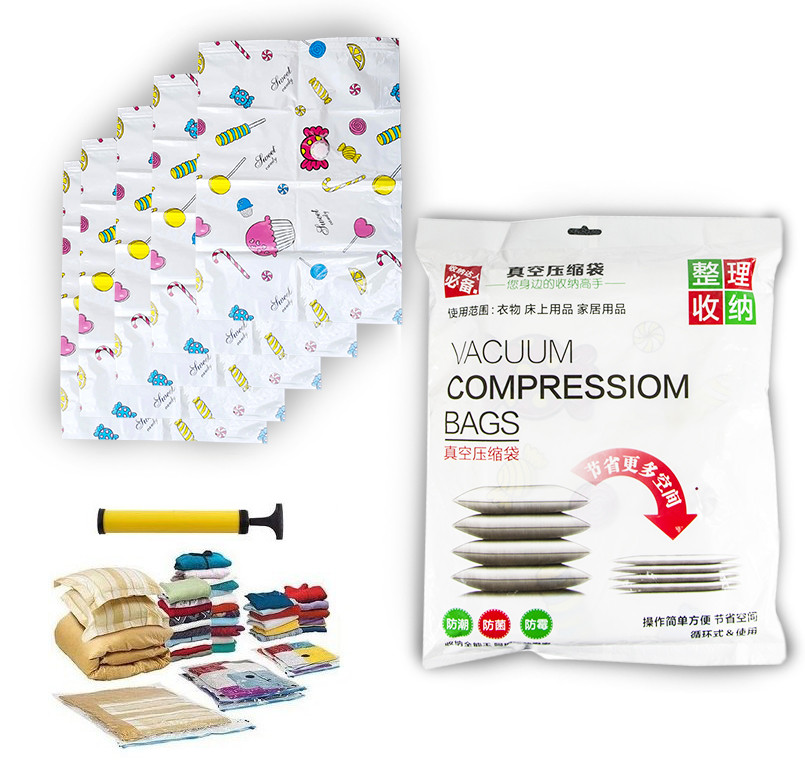 Вакуумні пакети для зберігання речей і одягу, набір (5 пакетів/уп.) з насосом | вакуумна упаковка