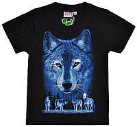 Детская футболка Волк в синих тонах (Rock Eagle, светится в темноте), Размер 8-10 лет