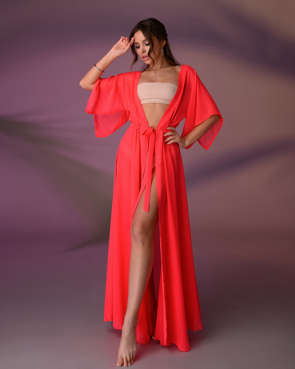 Довга пляжна туніка 001, колір - неоновий корал.