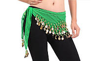 Восточный пояс шифоновый для танцев женский с блестящими монетками зеленого цвета