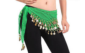 Східний пояс шифоновий для танців жіночий з блискучими монетами зеленого кольору