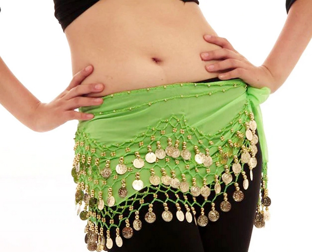 Східний пояс для танців живота жіночий яскравий з монетками з шифону салатового кольору