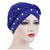 Чалма хиджаб ярко синяя с косой украшена бусинами