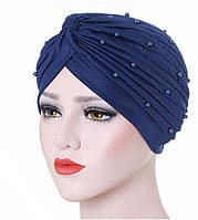 Красивая чалма хиджаб темно синяя украшенна бусинками