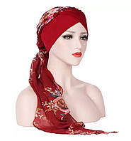 Чалма 54-60 рр шапка шифоновая на красной повязке бордовая с принтом цветы "Вуалька" летняя