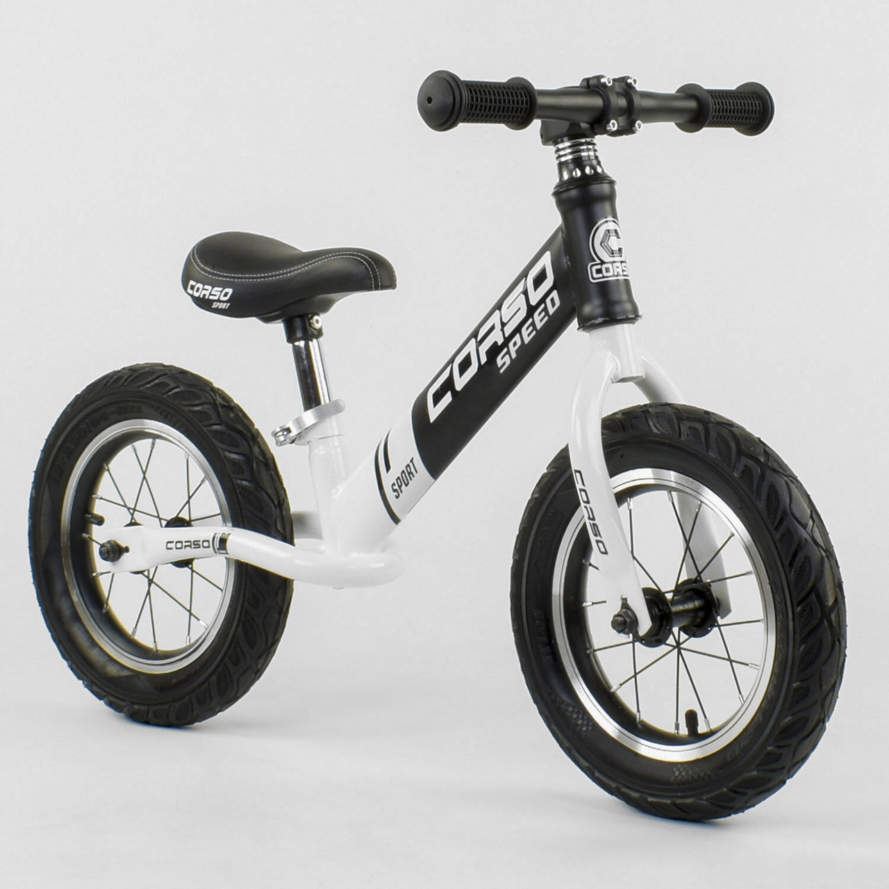 Беговел чорно-білий CORSO сталева рама 12" надувні колеса для дітей 2-4 роки