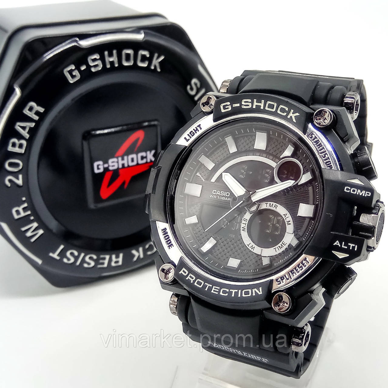 Удароміцні, вологозахищені, спортивні наручний годинник Casio G-Shock чорного кольору чорний циферблат