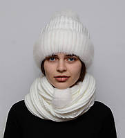 Вязаный норковый комплект шапка с шарфом "Снуд с шарфом" Белый