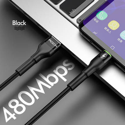 Кабель Rock USB — Type C Led Light 5A QC4.0 Black, 1 м (для китайських телефонів), фото 2