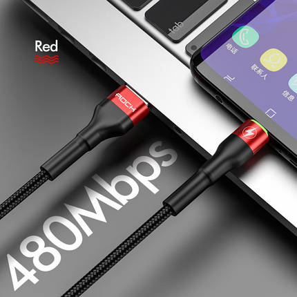 Кабель Rock USB — Type C Led 5A QC4.0 Black/red, 1 м (для китайських телефонів), фото 2
