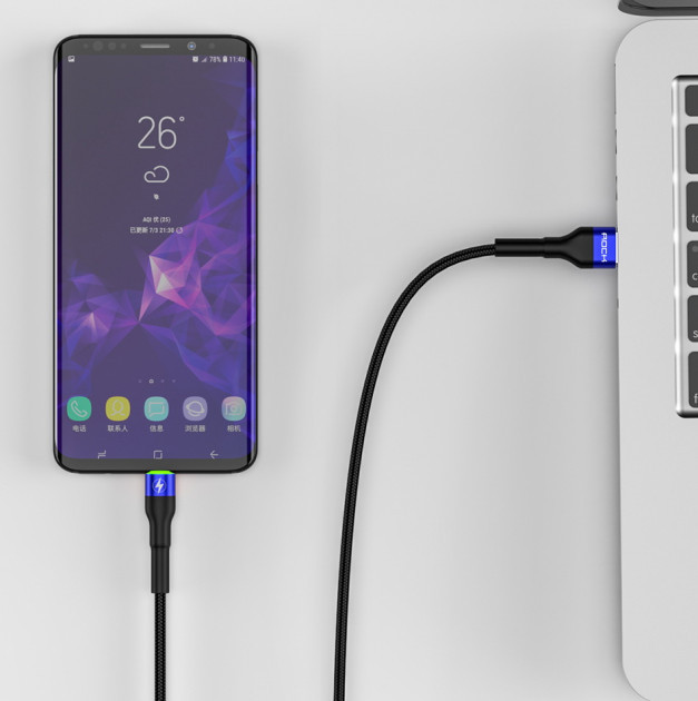 Кабель Rock USB — Type C Led 5A QC4.0 Black/blue, 1 м (для китайських телефонів)