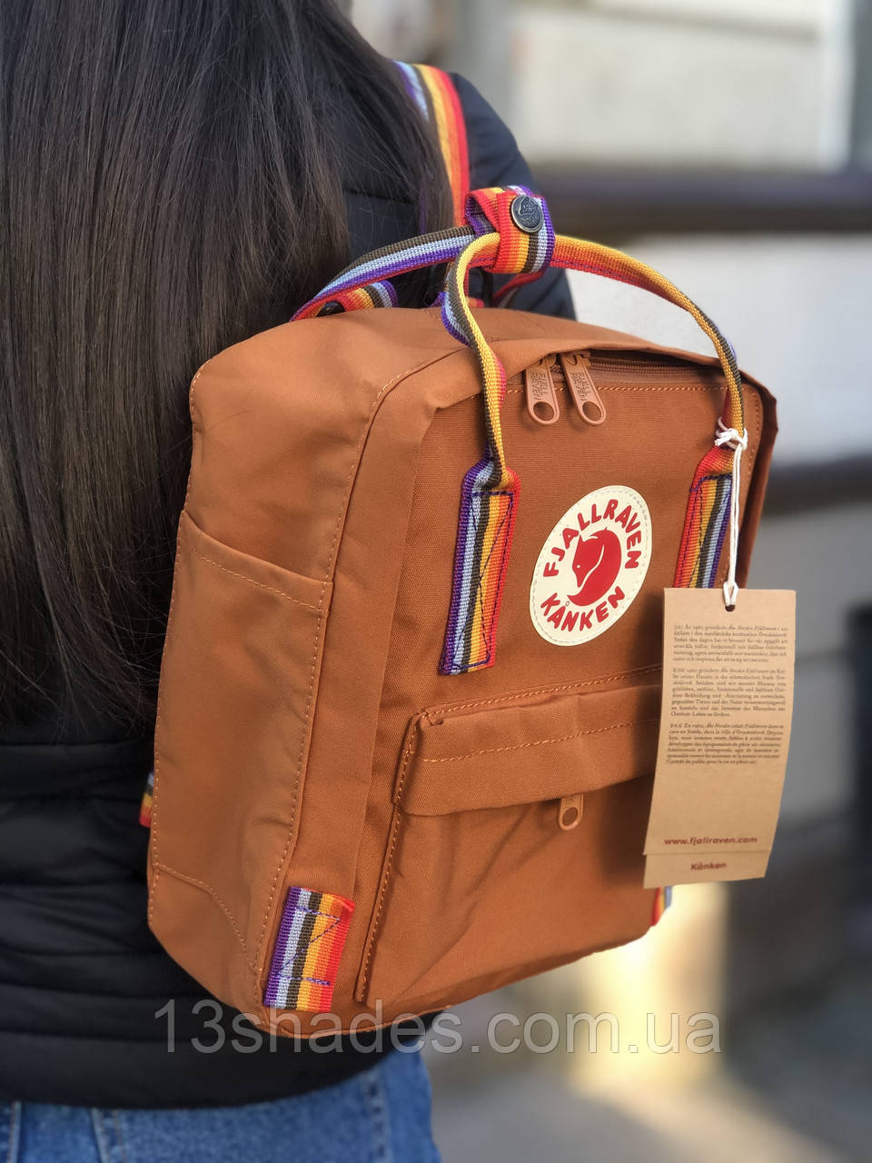 Рюкзак Fjallraven Kanken mini 7L Канкен міні 7 л вохра з райдужними ручками