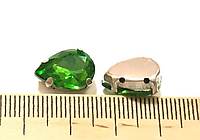 Страз Капля, В металлических цапах + Стеклянный страз, Пришивной, Цвет: Зелёный,10 мм x 14 мм