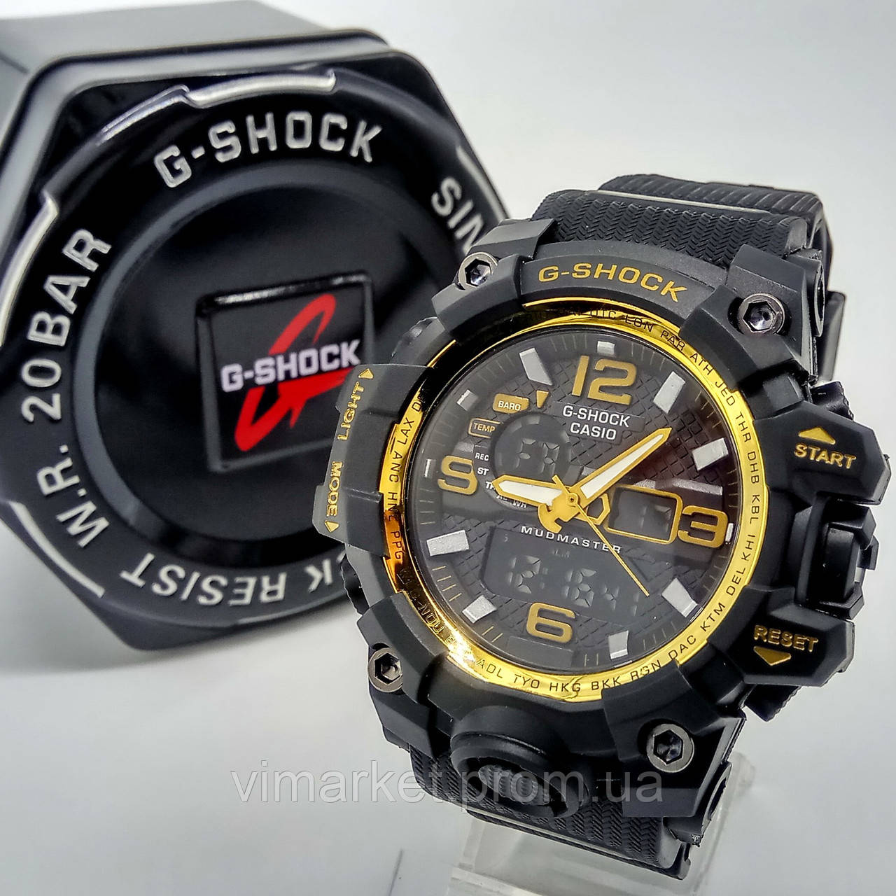 Удароміцні, вологозахищені, спортивні наручний годинник Casio G-Shock чорного кольору золотий хром
