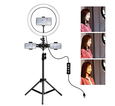 Кільцева лампа для блогерів (30 см. діаметр) + штатив (200 см) + подвійне кріплення для телефонів, фото 2