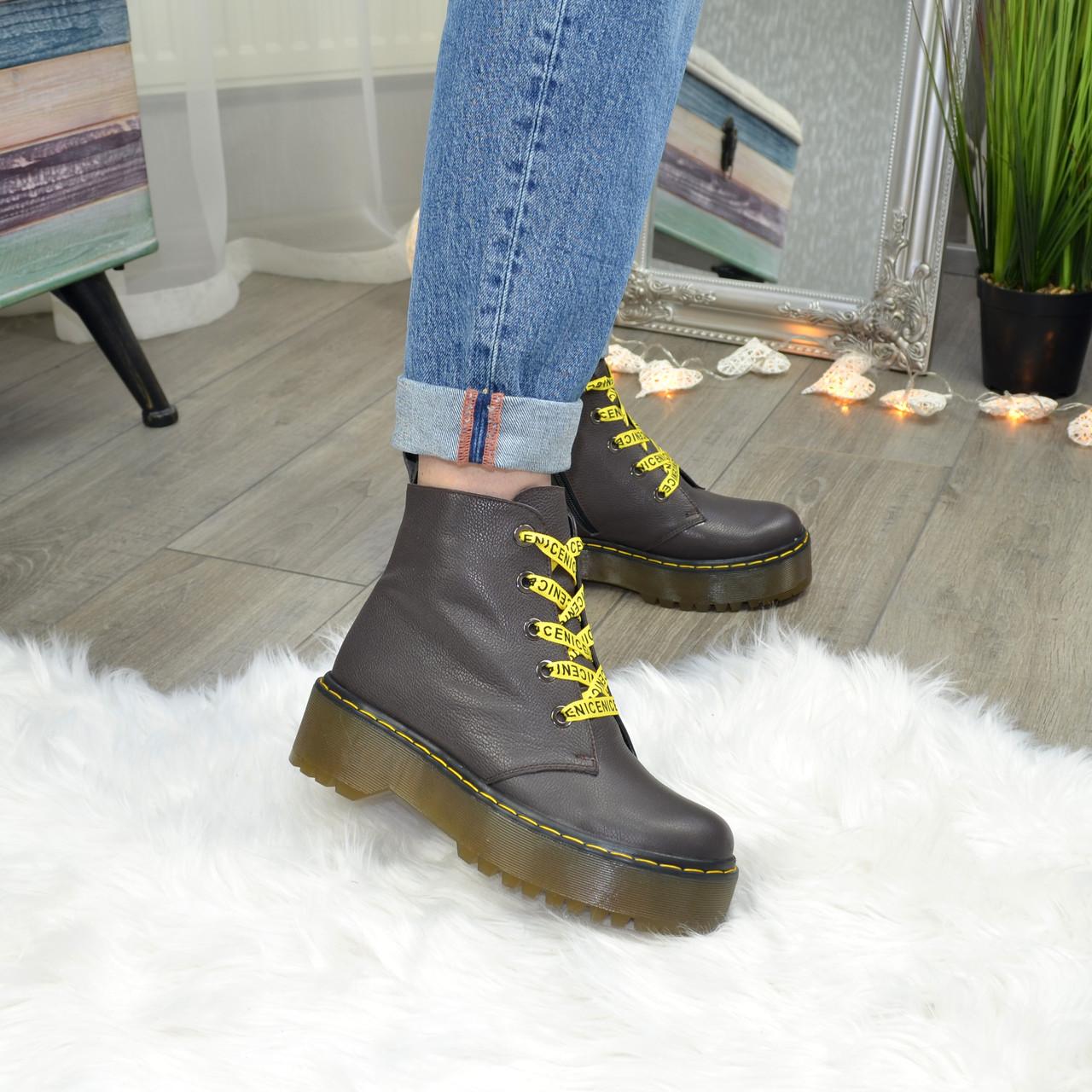 Черевики жіночі на товстій підошві, натуральна шкіра флотар коричневого кольору, фото 1