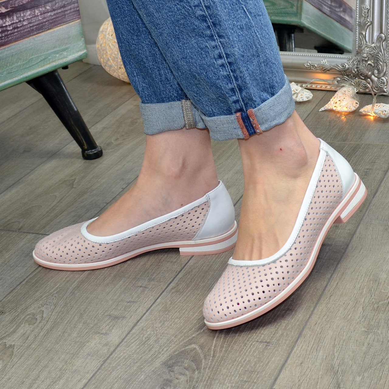 Балетки шкіряні на низькому ходу, колір пудра/білий, фото 1