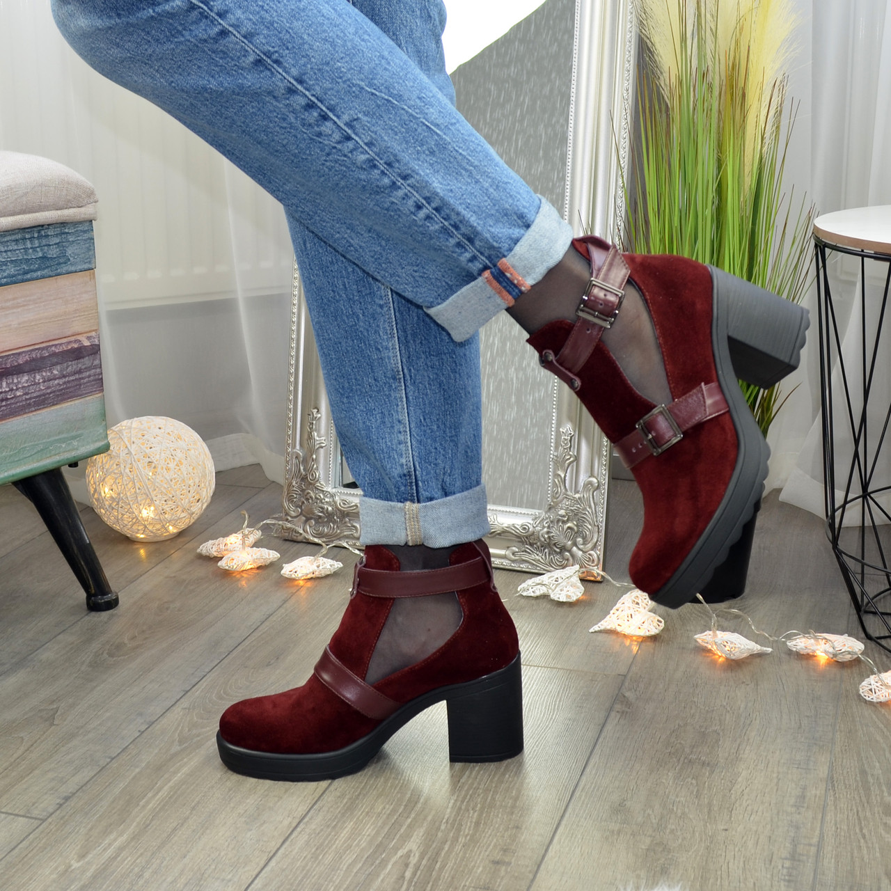 Відкриті замшеві ботильйони жіночі на стійкому каблуці, колір бордо, фото 1
