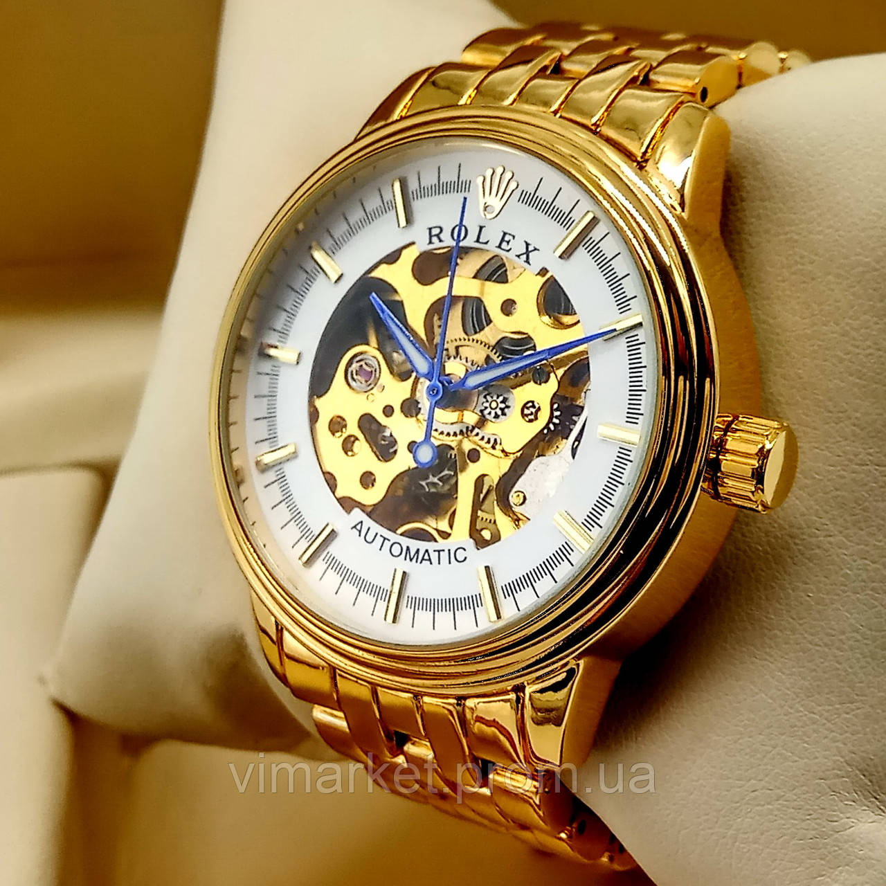 Механічні чоловічі наручні годинники скелетоны Rolex A190 Skeleton золотого кольору з автопідзаводом білий циферб