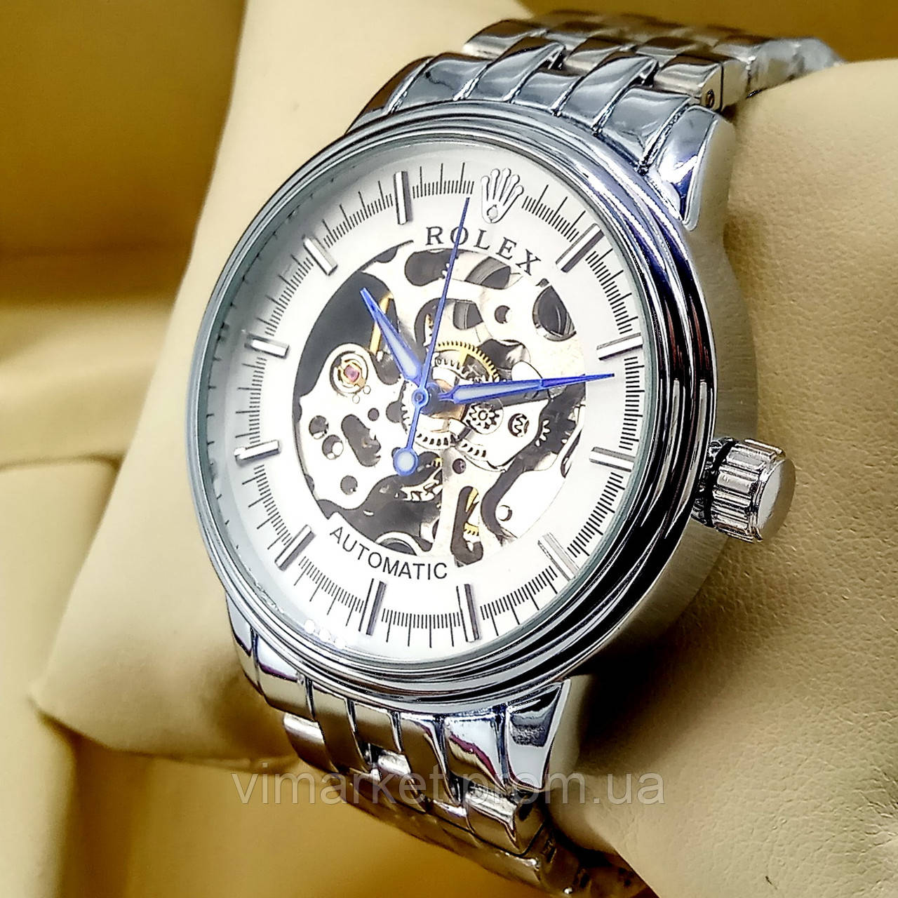 Механічні чоловічі наручні годинники скелетоны Rolex A190 Skeleton срібло з автопідзаводом білий циферблат