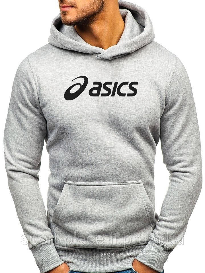 Чоловіча толстовка Asics (Асікс) світло сіра (велика емблема) кенгуру худі