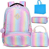 Школьный рюкзак Радужный с ланчбоксом и пеналом Rainbow Glitter Backpack