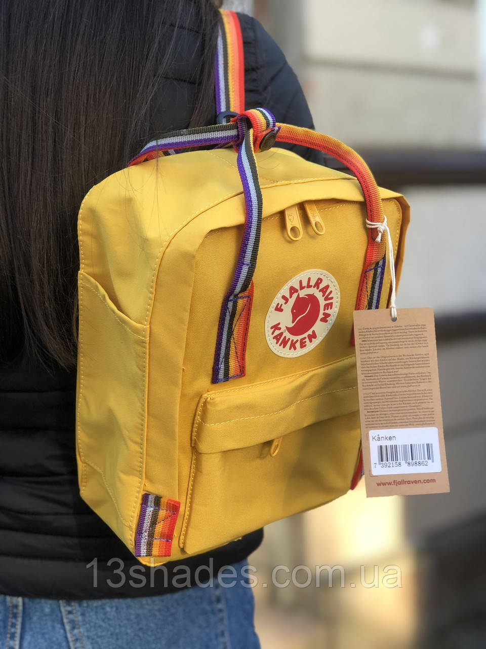 Рюкзак Fjallraven Kanken mini 7L Канкен міні 7 л жовтий із райдужними ручками
