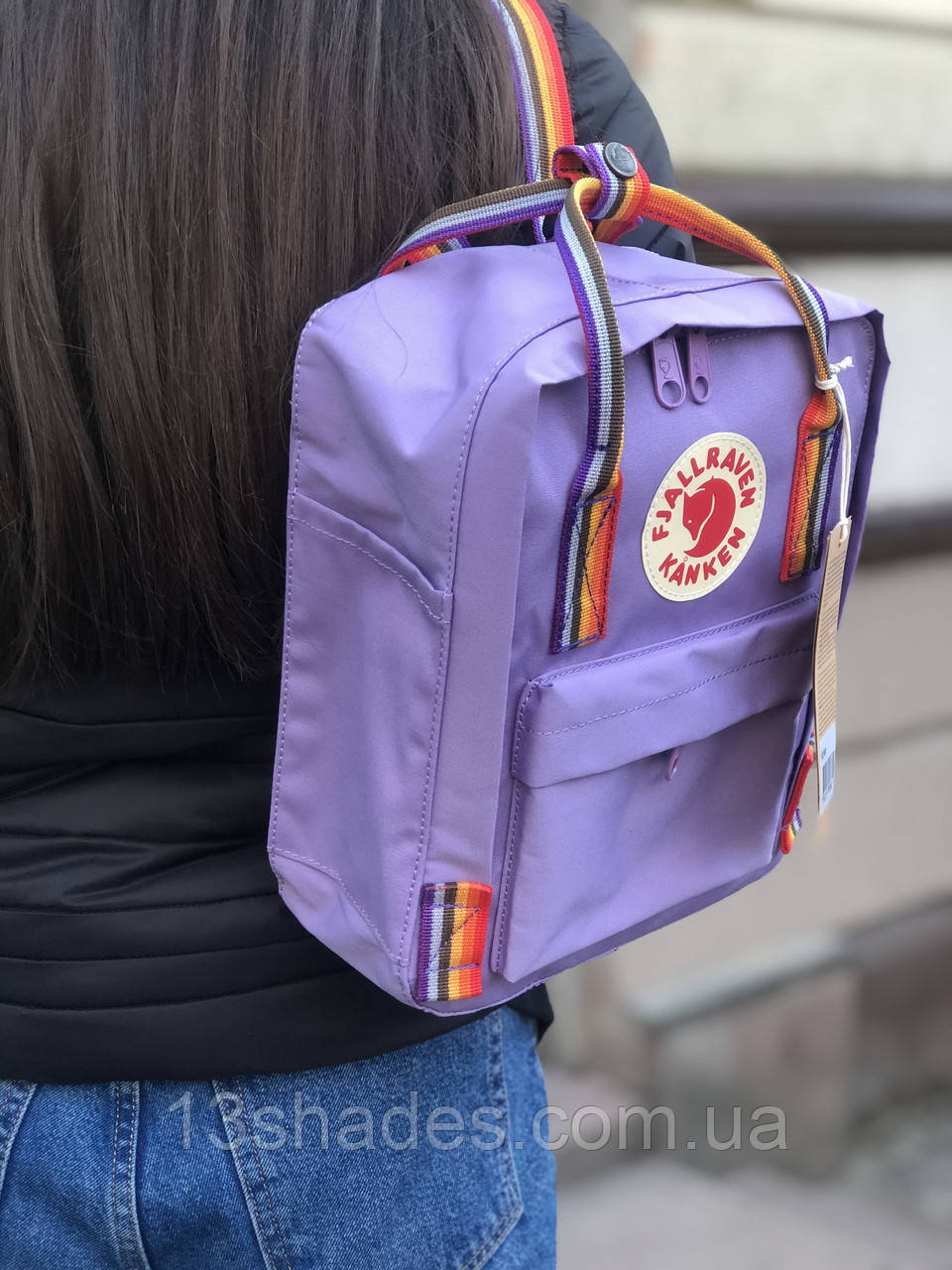 Рюкзак Fjallraven Kanken Orchid Rainbow mini 7L Канкен міні 7 л бузковий з райдужними ручками