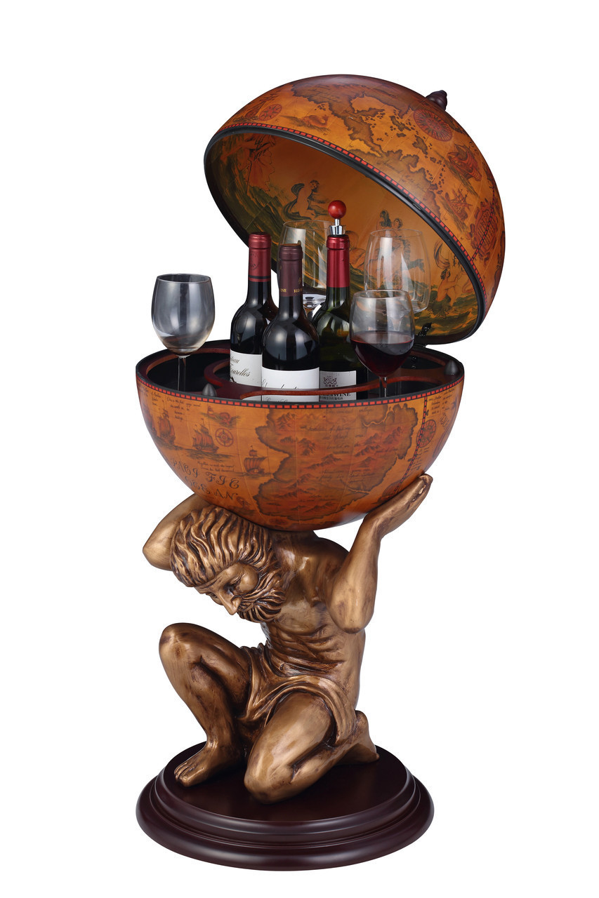 Глобус бар підлоговий «Atlas»- коричневий, який стоїть на статуї хлопчика