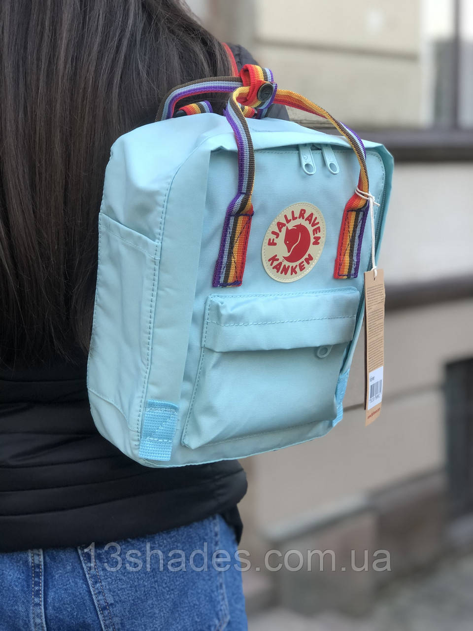 Рюкзак Fjallraven Kanken Sky blue Rainbow mini 7L Канкен міні 7 л блакитний з райдужними ручками