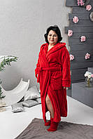 Длинный женский махровый халат на запах красного цвета батальных размеров