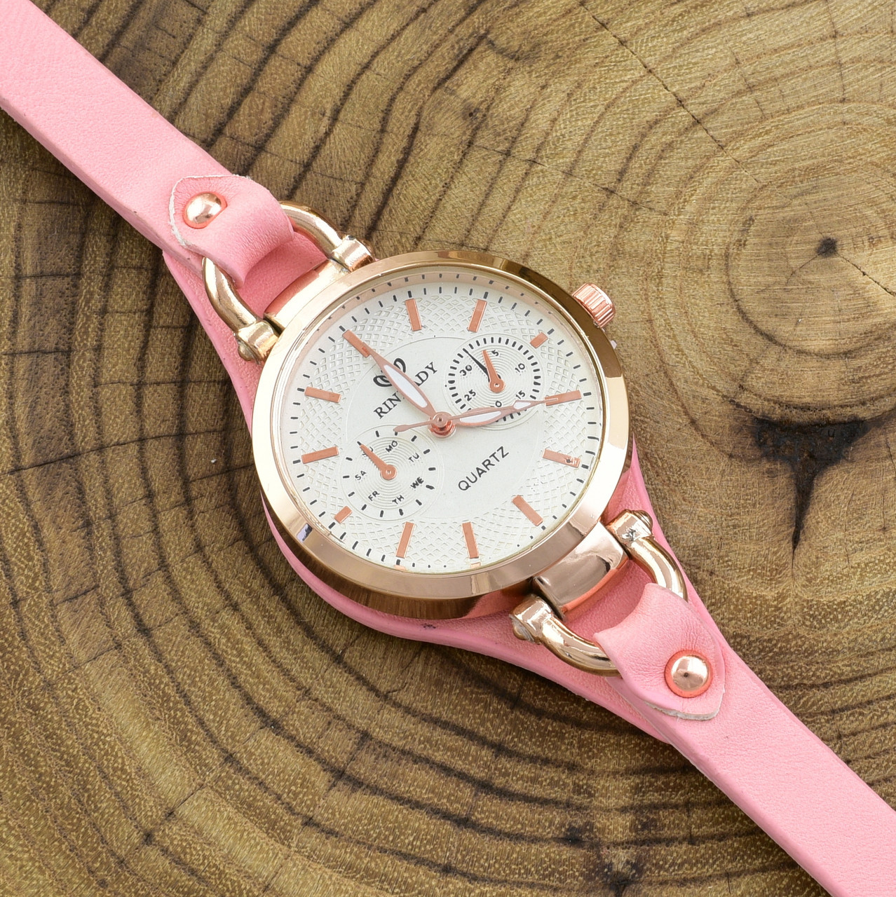Годинник G085расп подряпини діаметр циферблата 3.2 см довжина ремінця 16-20 см рожевий колір позолота РО, фото 1