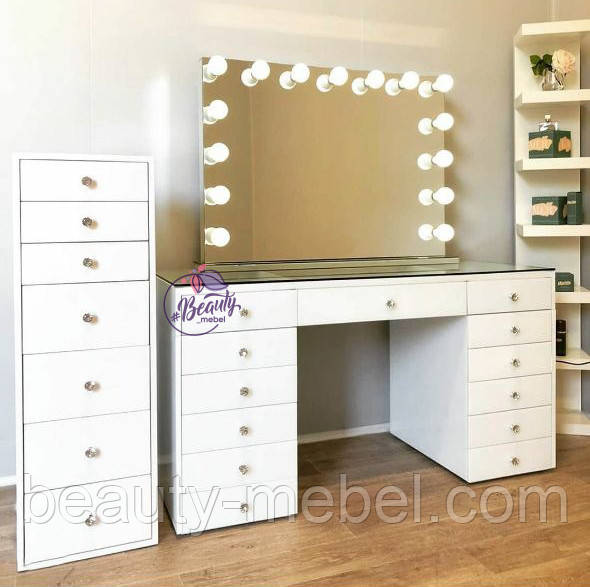 Стіл для візажиста на дві тумби, гримерный стіл з високим дзеркалом зі стільницею-вітриною, колір - білий, фото 1