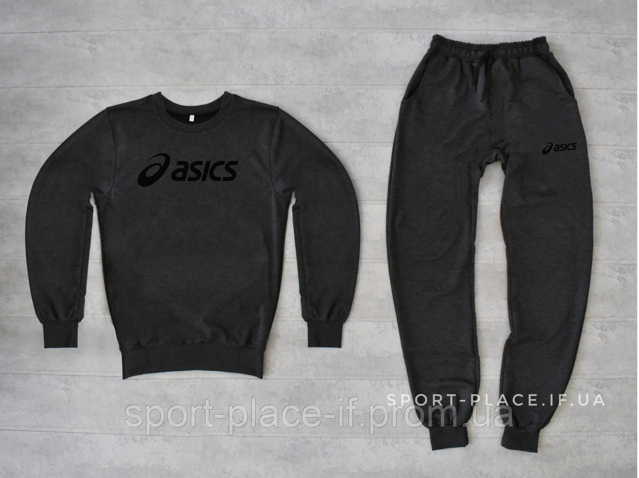 Чоловічий спортивний костюм Asics темно сірий , світшот велика чорна емблема