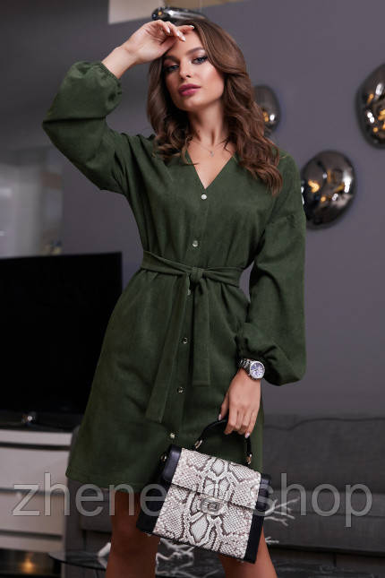 Плаття зелене пряме вільне, розкльошене під пояс, фото 1