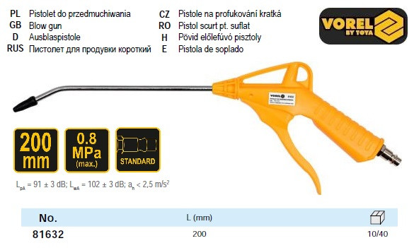 Пістолет пневматичний продувальний з соплом l=200 мм, Ø=1/4", для тиску - 0.8 MPa VOREL-81632