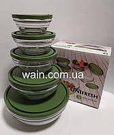 Набір салатників скляних (судочків) 5 шт з пластиковими зеленими кришками UniFresh