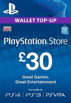 30£ GBP (UK) для Playstation Network Card (United Kingdom, PlayStation Store/PSN)