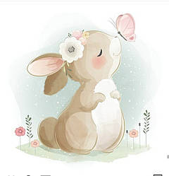 Панелька із сатину для дитячого пледа "Зайчик з метеликом на носі" 80*100 см